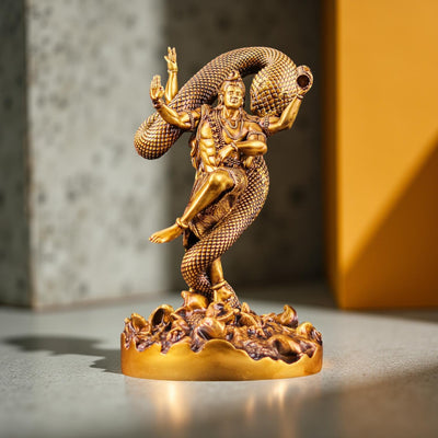 Lord Shiva Nataraja Statue with Snake Golden Mahadev for Temple, Spiritual Decor & Gifts