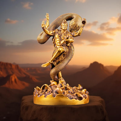 Lord Shiva Nataraja Statue with Snake Golden Mahadev for Temple, Spiritual Decor & Gifts