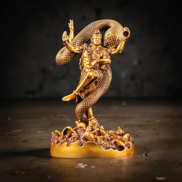 Lord Shiva Nataraja Statue with Snake Golden Mahadev for Temple, Spiritual Decor & Gifts
